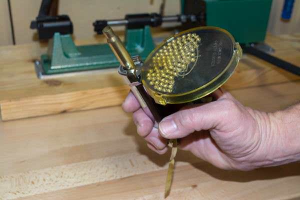 This Lee hand priming tool uses special shell holders for each caliber. 