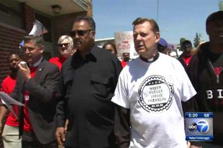 Brady Campaign's Dan Gromsman with race baiter Jessie Jackson &amp; Radical-left Catholic Priest Father Pfleger protest your individual right to keep and bear arms.