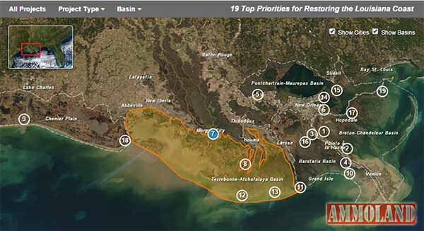 Top 19 restoration projects as published by the Louisiana's Comprehensive Master Plan for a Sustainable Coast. (See interactive map)
