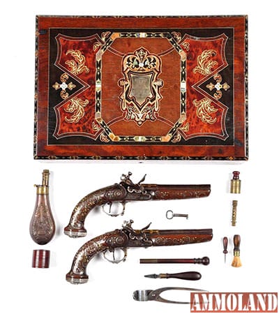 Cased set of silver wire and gold flintlock pistols, 18th century, French, stamped ‘Verney Lyon,' est. $15,000-$20,000. 