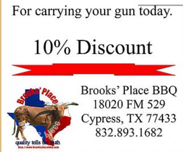 TX: Brook's Place BBQ Offers Discount for Open Carry