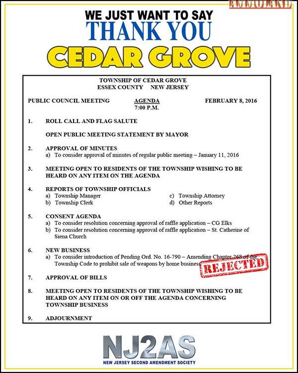 Cedar Grove NJ's Attempt to Ban Home-Based FFLs REJECTED