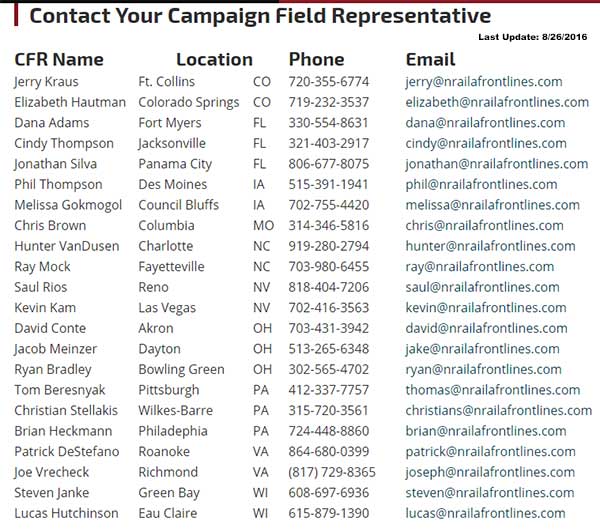 2016 NRA Campaign Field Representative Contact List