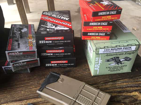 For velocity and accuracy testing, I used a combination of everyday ammo like American Eagle 55-grain FMJ and M855 Steel Core and Norma 77-grain Match ammo. 