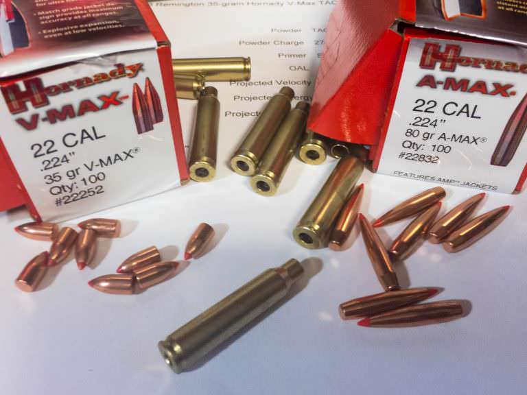 I loaded up a couple of batches of .223 to represent the bullet length and weight extremes using Hornady 35-grain V-Max and 80-grain A-Max bullets. 