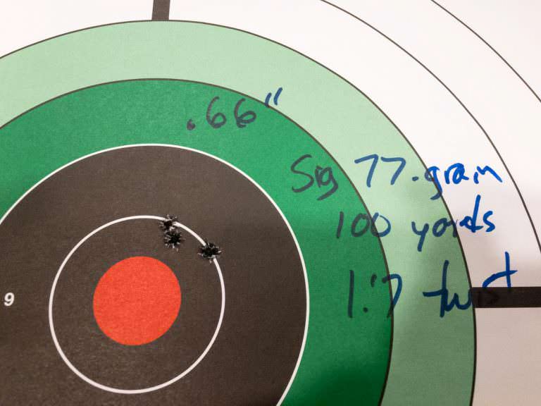 With the right bullets matched to the right twist rate, the Stag Arms barrels will shoot as shown by this control group using 77-grain Sig Sauer Match ammunition.