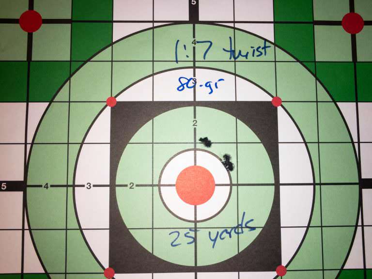 As expected, the 80-grain bullets worked as expected from the 1:7 twist barrel at 25 yards. 