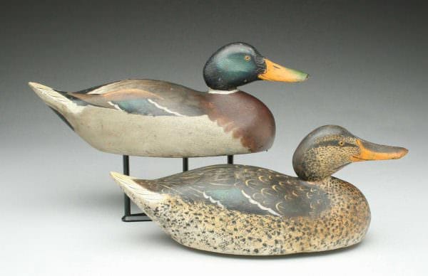 Mason Factory decoys will be featured in the auction. This pair of mallards, circa 1890, are pictured on the front cover of the book “Mason Decoys,” by Russ Goldberger and Alan Haid