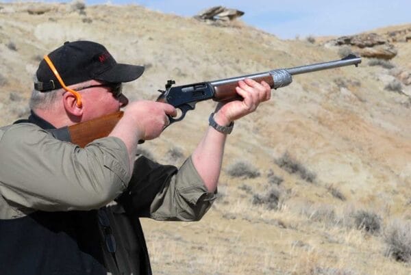 Greg Buchel testing a Lever action prototype. Note the fancy forend tip of the Marlin action. IMG Big Horn Armory