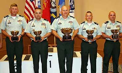 usamu-army-blue-team FORT BENNING, Ga.--The U.S. Army "Blue" team took home top honors at the 50th Interservice Pistol Championships June 8-12 at Fort Benning. The team consisted of U.S. Army Marksmanship Unit Soldiers, from left to right, Sgt. 1st Class Gregory Wilson, Staff Sgt. Lyman Grover, Staff Sgt. James Henderson, Staff Sgt. Adam Sokolowski, and Staff Sgt. Robert Park II. (Photo by Michael Molinaro, USAMU PAO)