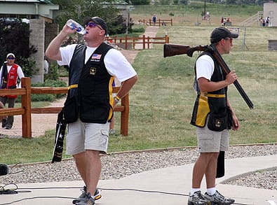 COLORADO SPRINGS, Colo.--Sgt. 1st Class Shawn Dulohery (left) and Spc. Vincent Hancock, both from the U.S. Army Marksmanship Unit, prepare for a shoot-off after tying in the finals of the skeet event at the U.S. National Shotgun championships. Hancock went on to win the gold medal for the first time in his career. (Photo by Michael Molinaro, USAMU PAO)