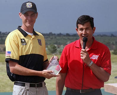 COLORADO SPRINGS, Co.--Sgt.  Walton Glenn Eller III, U.S. Army Marksmanship Unit, holds his trophy for being named the 2008 USA Shooting Athlete of the Year July 13. Eller won the gold medal in double trap at the 2008 Summer Olympics, one of two gold medals won by USAMU shooters in Beijing. (Photo by Michael Molinaro, USAMU PAO)