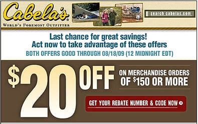 $20.00 Off Your Next Cabela's Order