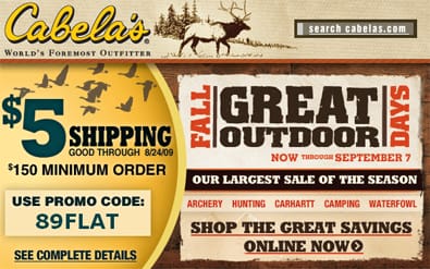 Fall Great Outdoor Days with $5 Shipping @ Cabelas.com