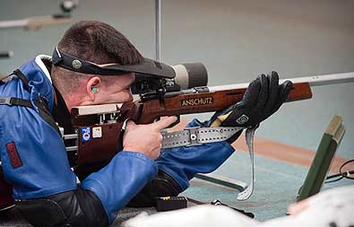 BEIJING -- Sgt. Michael McPhail, U.S. Army Marksmanship Unit, shoots during the final round of the Men's 50m prone rifle event in the World Cup Finals at the Beijing Olympic Indoor Range. McPhail earned his first medal in a World Cup competition, placing in second place. (Photo by Marco Dalla Dea, ISSF)