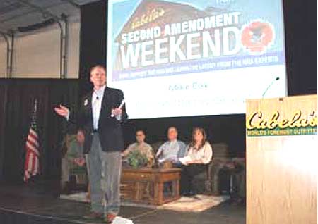 Michigan Attorney General Mike Cox addressing event attendees at Second Amendment Weekend at Cabela’s