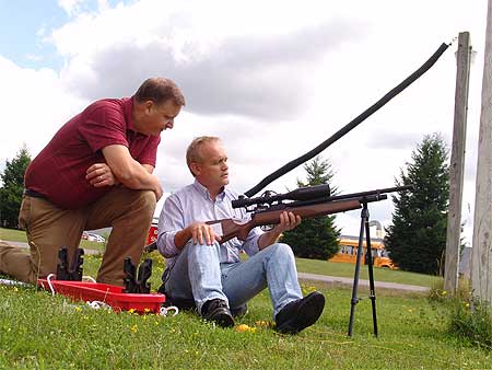 Local sports reporter Leo Roth of Rochester’s Democrat and Chronicle (pictured with Crosman’s Ed Schultz) stopped by the facility last week to learn more about the event and spent the morning getting a first-hand experience with field target shooting.