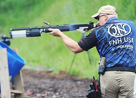 Tommy Thacker of the FNH USA Shooting Team shoots an FN SLP with XRAIL magazine extension system from RCI.