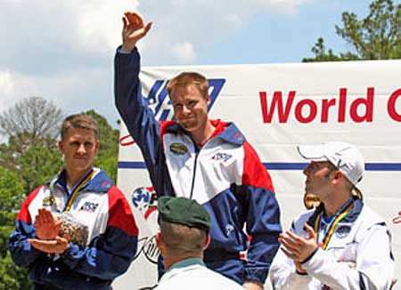 Matt Emmons rising to the top of the podium at World Cup USA for his Men's 50m Rifle 3 Position gold medal. 