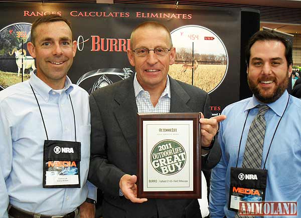 Burris General Manager Rob Siemers (center) accepts the 2011 Outdoor Life “Great Buy Award” for the Fullfield E1 4.5-14X 42mm riflescope from Outdoor Life editors Andrew McKean (left) and Anthony Licata during the 2011 NRA Annual Meetings and Exhibits in Pittsburgh on Apr. 30.