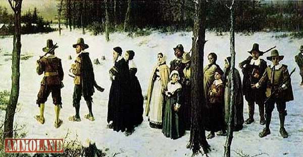 Painting by George Henry Boughton (1833-1905), entitled "Pilgrims Going To Church" - note all the guns they're taking with them.