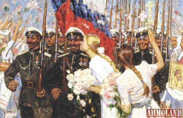 This well armed Russian population was what allowed the various White factions to rise up, no matter how disorganized politically and militarily they were in 1918 and wage a savage civil war against the Reds.  Painting by Dmitri Shmarin. Planting a White Kiss