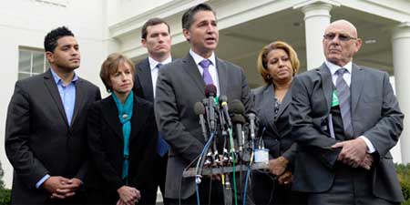 AP Photo/Susan Walsh Dan Gross, President of the Brady Campaign to Prevent Gun Violence, center, speaks outside the White House in Washington, Wednesday following a meeting with Vice President Joe Biden, victims’ groups and so called "gun safety organizations" in the Eisenhower Executive Office Building on the White House complex. From left are, William Kellibrew, Witness to Violence & Founder William Kellibrew Foundation; Hildy Saizow of Arizona for Gun Safety; Colin Goddard, a survivor of Virginia Tech shooting; Annette Nance-Holt, mother of victim to gang violence; and Lonnie Phillips, stepfather of a Aurora, Colo., shooting victim. Biden is holding a series of meetings this week as part of the effort he is leading to develop policy proposals in response to the Newtown, Conn., school shooting.