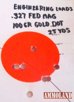 Engineering Loads .327 Fed Mag 100 GR Gold Dot at 25 yards