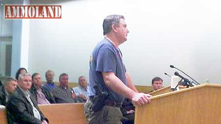 York County gun rights advocate James Prince, openly carrying while addressing the supervisors Tuesday night. Photo by Cortney Langley