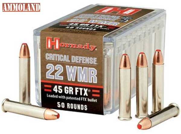 Ammo .22 Winchester Magnum Hornady Critical Defense, 45 Grain FTX Bullet 50 Round Box