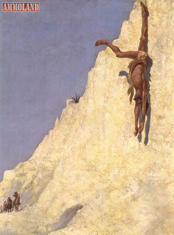 Apaches had a reputation for being especially cruel as documented in this Remington painting of an "ambushed Mexican sheepherder, strung by one ankle over a cliff and left to bake and shrivel in the Arizona sun. (Picture courtesy of Wheeler)