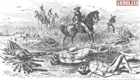 Custer overlooks the massacre and mutilation of Lt. Lyman Kidder and his detachment. "Custer's scout, William Comstock, believed Kidder might have escaped had he heeded the advice of his own scout. (Picture courtesy of Wheeler)