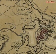 Detail of a 1775 Boston map depicting the location of the powder house, or magazine, now in Somerville