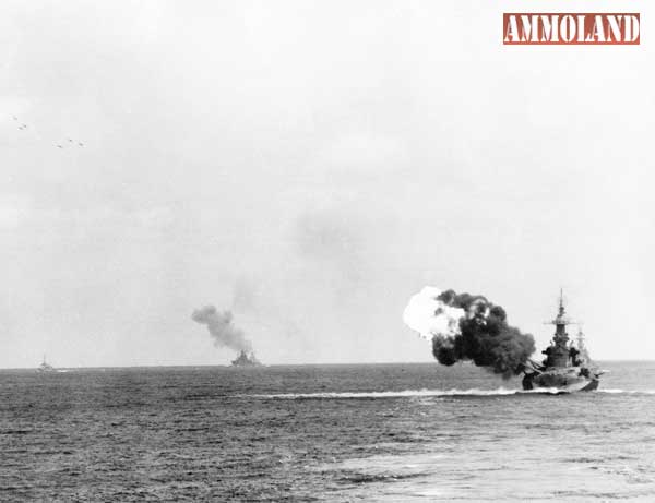 the Battleship NORTH CAROLINA at the battle of Okinawa with six projectiles in air