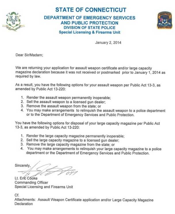 Connecticut State Police Assault Weapon Destruction Letter