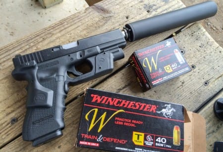 Winchester's new Train and Defend .40 S&W ammo is great for this suppressed Glock as velocities are subsonic. Winchester's new Train and Defend .40 S&W ammo is great for this suppressed Glock as velocities are subsonic.