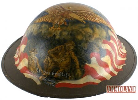 U. S. World War I “doughboy” helmet with the entire skull showing an elaborately painted furled American flag (MB: $350).