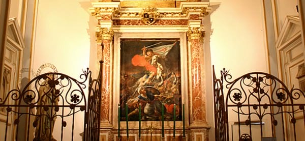 A Spanish mural of St. James the Apostle, patron saint of Spain, beheading a Muslim in battle. St. James is sometimes called Matamoros, which means “Muslim killer.” From the Cathedral website: “It is said that in 844, King Ramiro I had a battle in Clavijo, where he defeated the Muslims, with the help of the appearance of the apostle riding a white horse, as it is represented in the painting of this chapel.” The mural is located in the St. James chapel at at St. Mary’s Cathedral, Valencia, Spain – the same church from which St. Juan de Ribera directed the end of Spanish Islam in 1609.