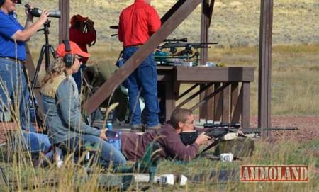 Wyoming Game and Fish Department helps hunters sight-in their rifles. Roxanne Garaventa, of Cheyenne, Wyo., watches as her sister Rhonda Garaventa, of Eureka, Nevada, (who received the Theodore Roosevelt Award) aims.