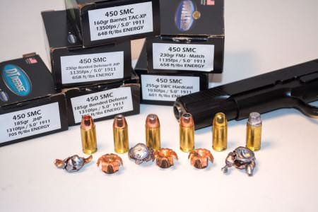 The Doubletap Ammunition .450 SMC rounds work from a standard +P rated .45 ACP pistol.