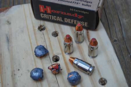 Hornady Critical Defense .357 Sigs even expanded after passing through a pine board first.