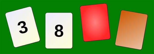 Each card has a number on one side, and a patch of color on the other. Which card(s) must be turned over to test the idea that if a card shows an even number on one face, then its opposite face is red?