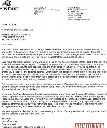 Suntrust Bank Anti-Gun Letter to American Gun & Pawn