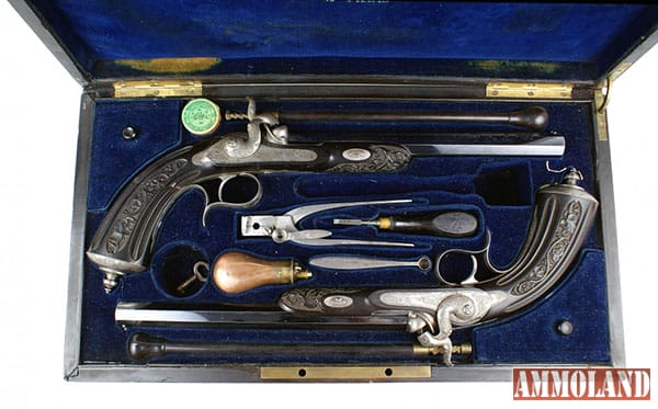 Percussion pistols: Exquisite set of circa 1840-1850 cased percussion pistols, presented to prominent French official Jacques Louis Randon (minimum bid: $7,000).