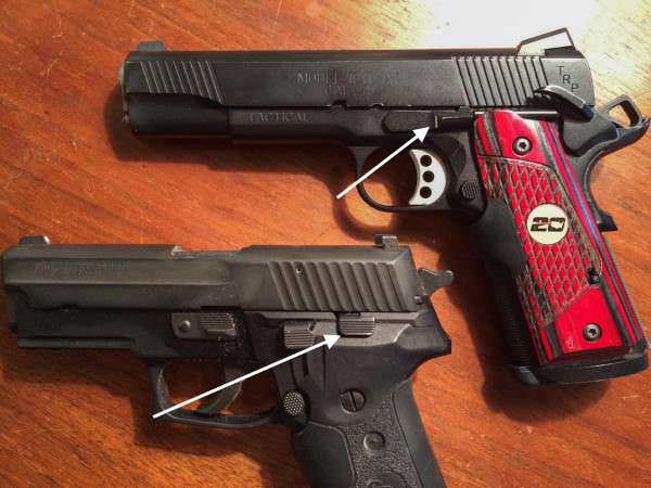Sometimes, controls are in opposite places on different pistols. The safety and slide lock levers are reversed on these two guns. Yeah, I know, the control on the Sig is a decocker, but it serves a similar purpose from an operations standpoint.