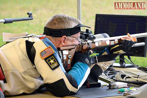 FORT BENNING, GA - Sgt. 1st Class Eric Uptagrafft fires during the finals for Men’s 50 Meter Prone Rifle during the 2015 USA Shooting Rifle and Pistol Finals at Fort Benning, Georgia.