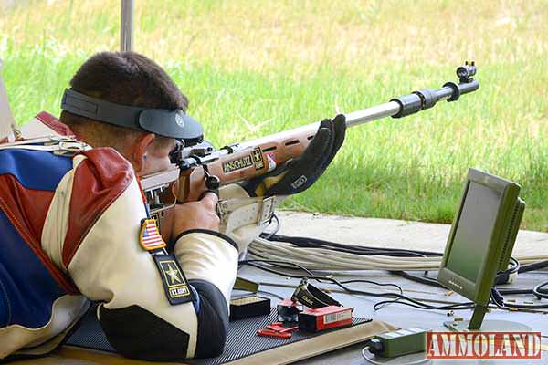 FORT BENNING, GA - Sgt. 1st Class Michael McPhail fires during the finals for 50 Meter Prone Rifle during the 2015 Rifle and Pistol National Championship at Fort Benning, Georgia.