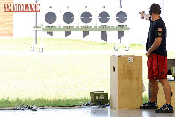 Fort Benning, GA  - Sgt. Brad Balsley fires during the 25-Meter Men's Rapid Fire finals during the 2015 USA Shooting Rifle and Pistol National Championship.