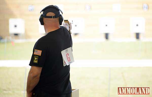 FORT BENNING, GA - Sgt. 1st Class James Henderson fires during the Free Pistol final during the 2015 USA Shooting Rifle and Pistol National Championship at Fort Benning, Georgia.
