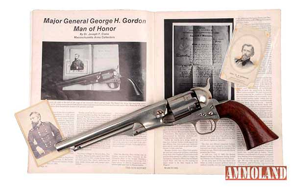 Colt Model 1860 â€œlong-fluteâ€ revolver, manufactured in 1861, personal sidearm of Gen. George H. Gordon of the 2nd Massachusetts Volunteer Infantry, Union Army. Extensive provenance originating with Gordon family. Est. $8,000-$12,000. Morphy Auctions image